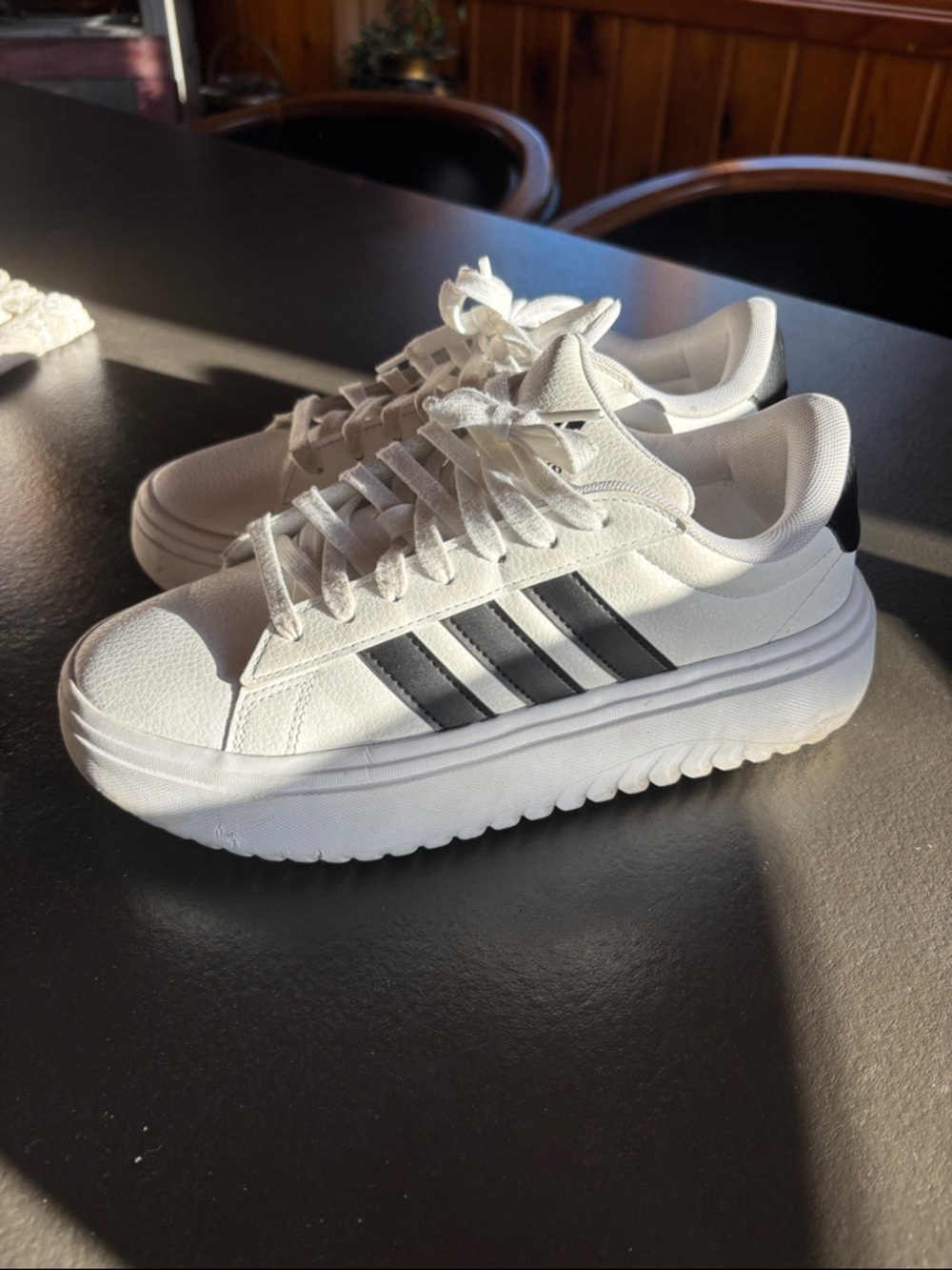 adidas White Sneakers with Black Stripes - Women's Platform Casual Shoes